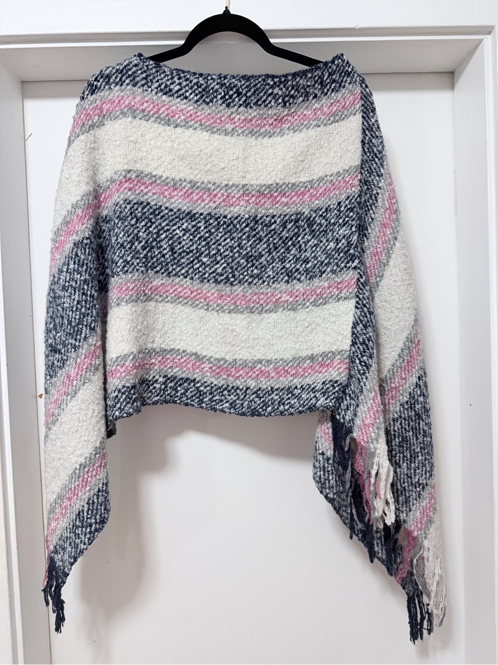 Striped Knit Poncho Sweater - Pink, Navy & Cream